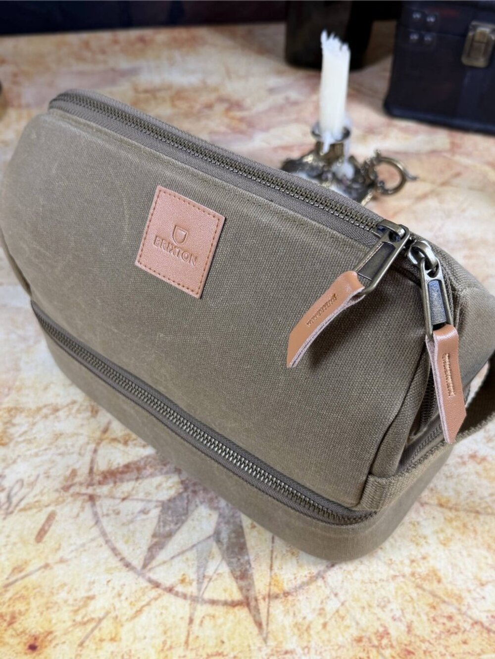 Brixton Traveller Dopp Kit Waxed Canvas Toiletry Bag | Olive Green/Brown